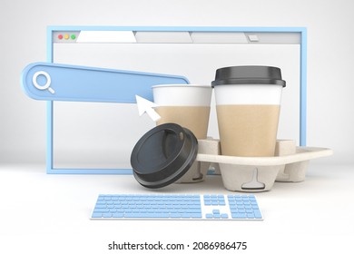 Coffee Cup and Website Interface With White Background 3D Rendering