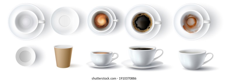 Coffee Cups. Realistic 3d Empty, Dirty, Ceramic And Paper Cup. Americano With Foam And Espresso Top And Side View. Coffees Mockup  Set. Illustration Closeup Cup Mock Up, Disposable Container