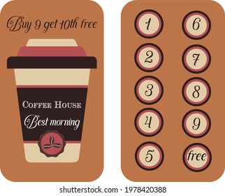 Coffee Discount Loyalty Card,voucher,coupon,banner For Cafe With Glass Of Coffee. Retro Design Coffee Illustration.