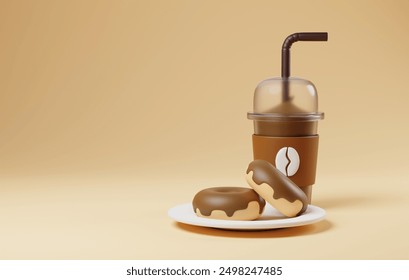 Coffee frappe and donut perfect representation of sweet indulgence. Ideal for coffee shops, cafes, and food concepts. 3D render illustration  - Powered by Shutterstock