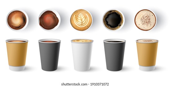 Coffee to go cup. Paper cappuccino cups top and side view. Hot americano, espresso and latte in cardboard takeaway package mockup  set. Illustration cappuccino hot, coffee beverage