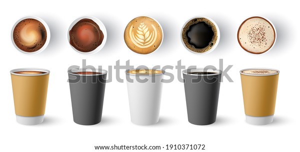Coffee to go\
cup. Paper cappuccino cups top and side view. Hot americano,\
espresso and latte in cardboard takeaway package mockup  set.\
Illustration cappuccino hot, coffee\
beverage