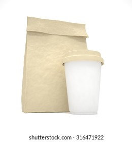 Coffee To Go And Lunch Bag, On White.