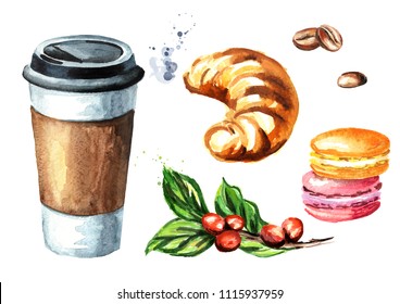 Coffee to go set. Paper cup and traditional french cake macaroon, croissant, coffee branch and bean. Watercolor hand drawn illustration, isolated on white background