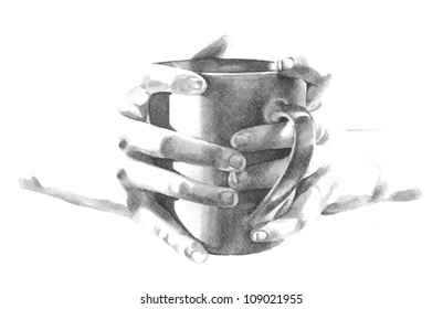 A coffee house or shop menu clipart illustration of hands holding a mug in a fun concept sketch design about relaxing and drinking a cozy cup of hot tea to wake up and enjoy life. - Powered by Shutterstock