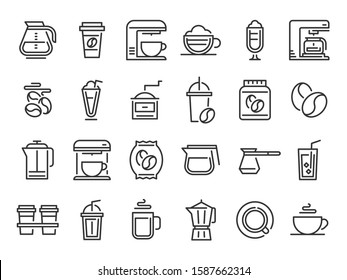 Coffee Line Icons. Hot Drink Cup, Nature Coffee Beans And Cafe Outline Pictogram. Cafe Espresso Bean Label, Coffee Maker Machine And Pot Drink Holder. Isolated  Signs Set