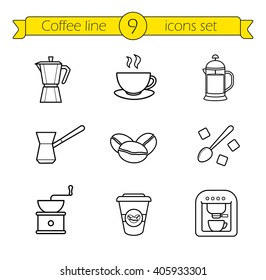 Coffee Linear Icons Set. French Press And Italian Stove Top Coffee Maker Thin Line Drawings. Takeaway Paper Cup And Coffee Mill. Espresso Machine And Roasted Coffee Beans Outline Illustrations. Raster