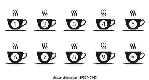 Coffee loyalty card concept with coffee cup icons. Buy 9 cups and get 1 for free. Cafe beverage promotion design template.  - Powered by Shutterstock