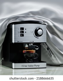 Coffee Machine Design. 3D Illustration. Commercial For A Coffee Machine With A Silk Backround.