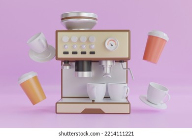 coffee machine. Coffee shop 3D render. digital illustration of a coffee maker. Front view of a brown coffee machine brewing espresso in two glasses. 3d rendering