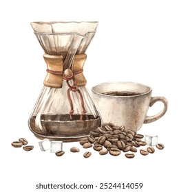 Coffee maker for brewing coffee with a paper filter, processed roasted beans, sugar and a mug of strong aromatic coffee. Watercolor illustration for the design of shops, cafes, banners, postcards - Powered by Shutterstock