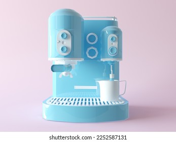 Coffee maker cartoon style, coffee machine with white cup minimal style isolated in studio pink background. Simple automatic coffee machine. 3d render illustration. 3d cartoon style cute kawaii icon