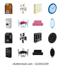 Coffee maker, served table in the restaurant and other web icon in black,cartoon style isometric.Soft comfortable sofa, wall mirror icons in set collection.