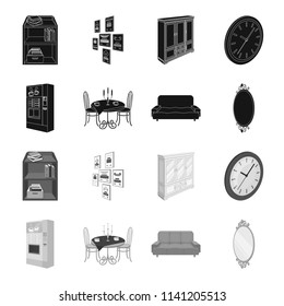 Coffee maker, served table in the restaurant and other web icon in black,monochrome style isometric.Soft comfortable sofa, wall mirror icons in set collection.