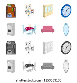 Coffee maker, served table in the restaurant and other web icon in cartoon,monochrome style isometric.Soft comfortable sofa, wall mirror icons in set collection.