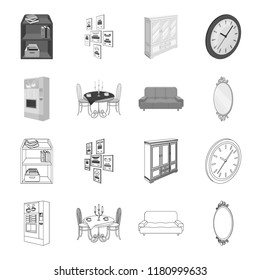 Coffee maker, served table in the restaurant and other web icon in outline,monochrome style isometric.Soft comfortable sofa, wall mirror icons in set collection.