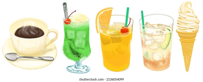 Coffee, Melon Soda, Orange Juice, Ginger Ale, And Soft-serve Ice Cream Ingredients At Cafes And Coffee Shops