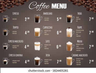 Coffee menu price list for cafe, restaurant, coffeehouse, shop, template. Realistic coffee mugs with hot and cold drinks, their names and composition. - Powered by Shutterstock