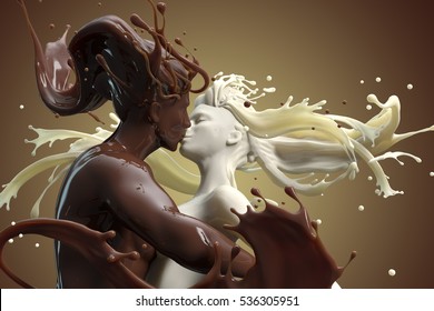Coffee and Milk lovers liquid sculpture with splashes. White woman kissing brown man. Chocolate mixing with cream. Morning coffee design