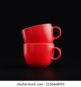 Coffee Mugs Stacked On Top Of Each Other. Red Plastic Material Coffee Glasses In Black Background, 3d Rendering, Close Shot