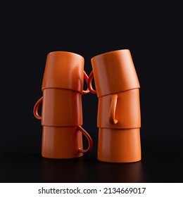 Coffee Mugs Stacked On Top Of Each Other. Orange Plastic Material Coffee Glasses In Black Background, 3d Rendering, Close Shot