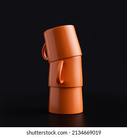 Coffee Mugs Stacked On Top Of Each Other. Orange Plastic Material Coffee Glasses In Black Background, 3d Rendering, Close Shot