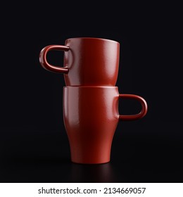 Coffee Mugs Stacked On Top Of Each Other. Brown Color Plastic Material Coffee Glasses In Black Background, 3d Rendering, Close Shot