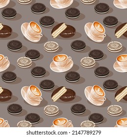 Сup Of Coffee, Oreo And Choco-pie, Seamless Pattern, Kitchen Table, Tablecloth, Background.