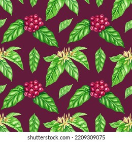 Coffee Plant Seamless Pattern. Watercolor Illustration. Flowers On A Branch, Red Coffee Beans, Leaves.