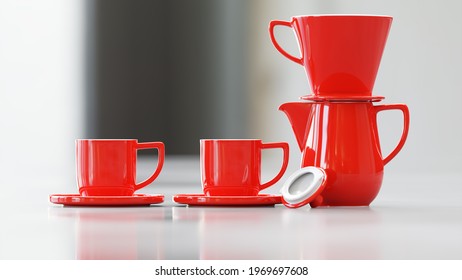 A coffee pot with filter and two cups. 3D illustration - Powered by Shutterstock