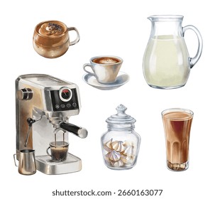 Coffee preparation setup featuring various drinks and ingredients on a clean surface