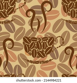 Coffee Seamless pattern with cups on coffee beans background Decorative Design for Cafeteria, Posters, Banners, Cards Scrapbook element Rasterized version.