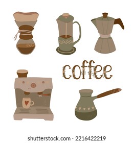 Coffee Set Of Different Coffee Machines And Coffee Makers In Hand Drawn