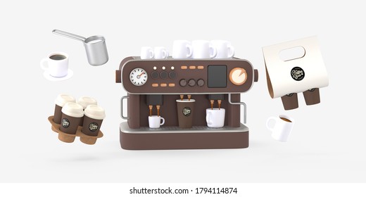 Coffee shop 3D render - coffee machine -modern concept digital illustration of a coffee maker with cups on the top, surrounded by takeout coffee packs and cups. Creative landing web page header