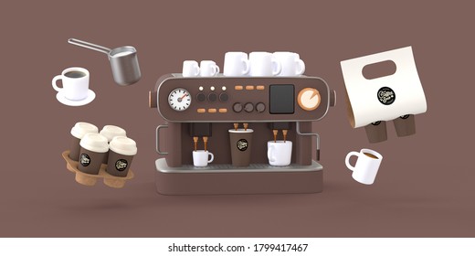 Coffee shop 3D render - coffee machine -modern concept digital illustration of a coffee maker with cups on the top, surrounded by takeout coffee packs and cups. Creative landing web page header