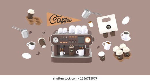 Coffee shop 3D render - coffee machine -modern concept digital illustration of a coffee maker with cups on the top, surrounded by takeout coffee packs and cups. Creative landing web page header