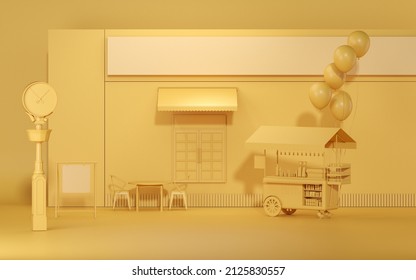 Coffee Shop, Front Of Classical Style Commercial. Exterior Of Outdoor Cafe With Pastel Yellow Color. The Shop Has Blank Sign, Table And Chairs, Coffee Street Cart. 3D Render For Creative Social Media.