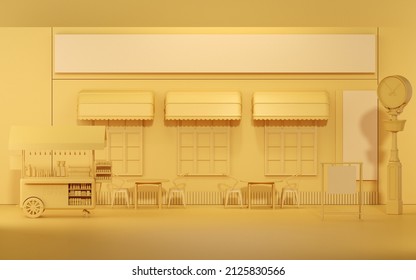 Coffee shop, front of classical style commercial. Exterior of outdoor cafe with pastel yellow color. The shop has blank sign, table and chairs, coffee street cart. 3D render for creative social media.