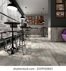 Coffee shop front of classical style commercial. Interior of cafe with pastel colored tile, grey wooden floor, black table and chairs, coffee street cart. creative social media. Mockup. 3D Rendering