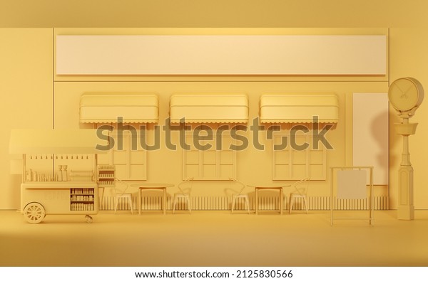 Coffee shop, front of classical style commercial.\
Exterior of outdoor cafe with pastel yellow color. The shop has\
blank sign, table and chairs, coffee street cart. 3D render for\
creative social\
media.