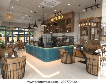 Coffee shop interior, rendering 3d.