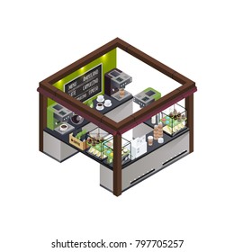 Coffee Stall Outdoor Concession Stand Isometric Composition With Different Coffee Varieties Menu Coffee Machine And Sweet Cakes  Illustration