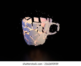 Coffee Tea Cup Broken With Sharp Shards And Orange Light Inside Bullet Time Freeze Frame Stop Motion. Empty On Black Background With Shadow And Reflection. 3D Rendering.