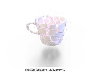 Coffee Tea Cup Broken With Sharp Shards And Orange Light Inside Bullet Time Freeze Frame Stop Motion. Empty On White Background With Shadow And Reflection. 3D Rendering.