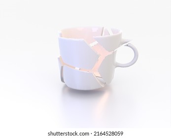 Coffee Tea Cup Broken With Sharp Shards And Orange Light Inside Bullet Time Freeze Frame Stop Motion. Hot Summer Breakfast Milk. Empty On White Background With Shadow And Reflection. 3D Illustration.