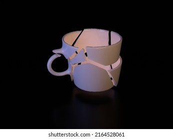 Coffee Tea Cup Broken With Sharp Shards And Orange Light Inside Bullet Time Freeze Frame Stop Motion. Hot Summer Breakfast Milk. Empty On White Background With Shadow And Reflection. 3D Illustration.