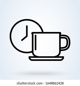 Coffee Or Tea Cup With Clock Symbol. Coffee Time Illustration. Coffee Break, Rest Sign. Mug With Clock Illustration For Perfect Web, App And Logo Design.