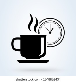 Coffee Or Tea Cup With Clock Symbol. Coffee Time Illustration. Coffee Break, Rest Sign. Mug With Clock Illustration For Perfect Web, App And Logo Design.