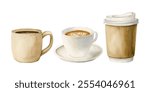 Coffee tea cup, mug and disposable craft paper cup takeaway. Hot beverages set. Watercolor food illustration hand painted isolated on white background for coffee shop design, cafe menu, packages