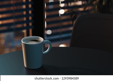 Coffee Or Tea Cup On Wooden Table In Modern Office At Night Time. 3d Rendering.